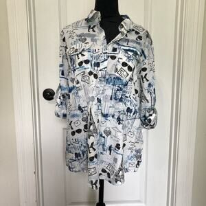 Karl Lagerfeld Paris Womens Blue White Paris Sketch‎ Print Roll Tab Shirt L NEW